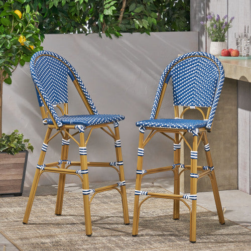 29.5" Outdoor PE Rattan French Barstool, Dark Teal and White, Aluminum Frame with Bamboo Finish (Set of 2)