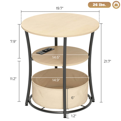 Round Side Table with Charging Station 3 Tier Storage Fabric Bag