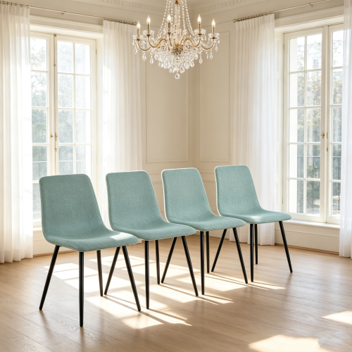 Linen Upholstered Dining Chairs with Black Metal Legs, Set of 4, Light Green