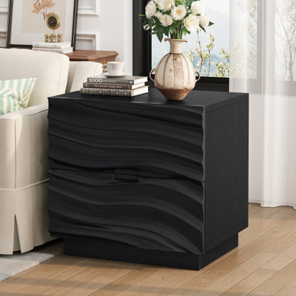 Black Solid Wood 2-Drawer Nightstand, Handle-Free Curved Front Bedside Table
