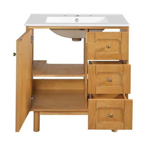 30 Inch Bathroom Vanity with Ceramic Sink, Bathroom Vanity with 3 Drawers, 1 large Soft Closing Door, Farmhouse Bathroom Storage Cabinet , Ideal for Home