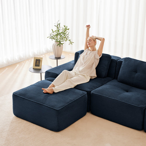 82 inch  Blue Corduroy L-Shape Modular Sofa, Movable Ottoman, No Assembly