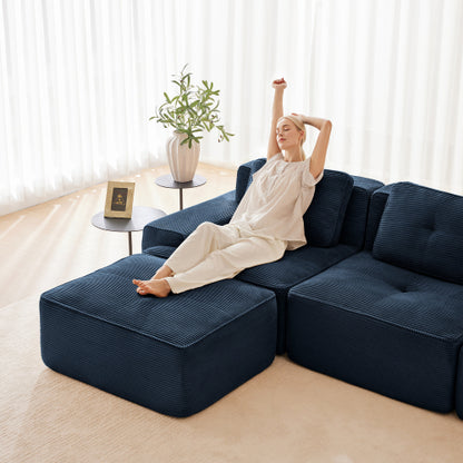 82 inch  Blue Corduroy L-Shape Modular Sofa, Movable Ottoman, No Assembly