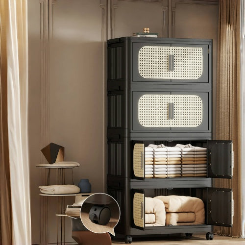 Retro Black 4 Tier Folding Storage Cabinet with Wheels Collapsible Magnetic Door 20 Inch
