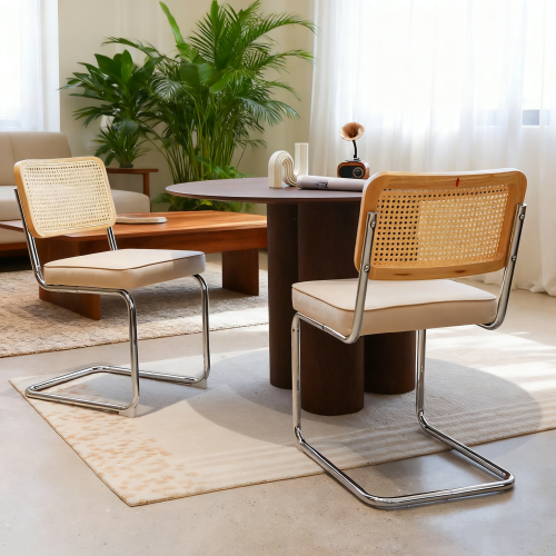Set of 2 Champagne Velvet Rattan Cantilever Dining Chairs, Chrome Tubular Steel Breuer Stackable Side Chairs