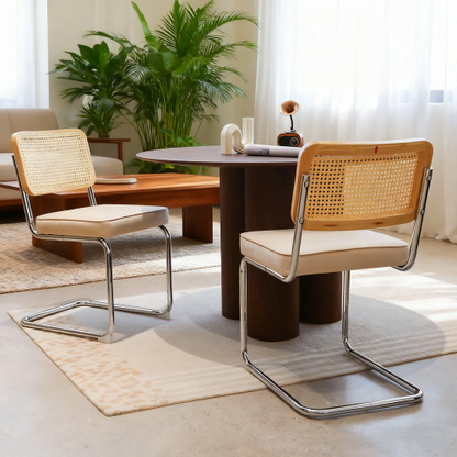 Set of 2 Champagne Velvet Rattan Cantilever Dining Chairs, Chrome Tubular Steel Breuer Stackable Side Chairs