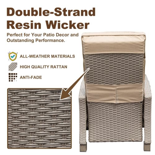 Outdoor Recliner Chair, Patio Recliner with Hand-Woven Wicker, Flip Table Push Back, Adjustable Angle, Thickness Cushions, Reclining Lounge Chair for Indoor and Outdoor, Beige