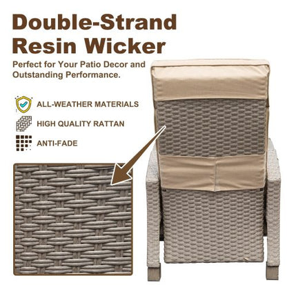 Outdoor Recliner Chair, Patio Recliner with Hand-Woven Wicker, Flip Table Push Back, Adjustable Angle, Thickness Cushions, Reclining Lounge Chair for Indoor and Outdoor, Beige