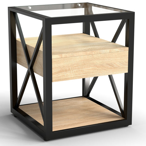 1 piece Modern End Table with Drawer - Nightstand for Bedroom & Living Room, Natural Wood MDF & Tempered Glass Top, Industrial Style Side Table