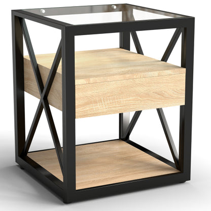 1 piece Modern End Table with Drawer - Nightstand for Bedroom & Living Room, Natural Wood MDF & Tempered Glass Top, Industrial Style Side Table
