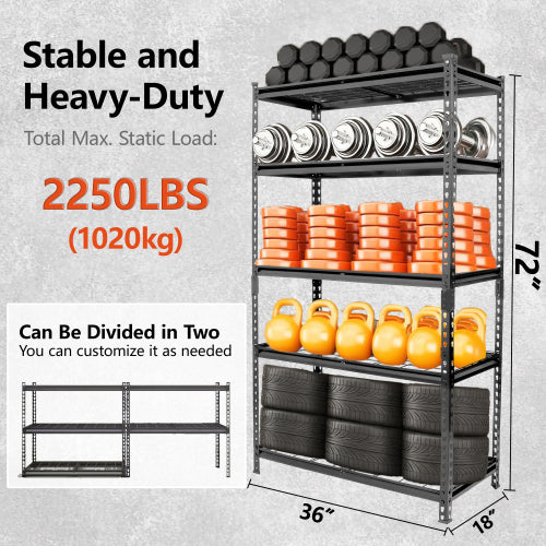 5 Tier Heavy Duty Storage Shelves Garage Shelving 2250 lb Load Boltless Assembly Black