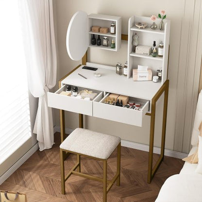 White & Gold Small Vanity Desk with LED Mirror, 3 Lighting Modes, Power Outlet, Drawer, Open Shelves & Cushioned Stool