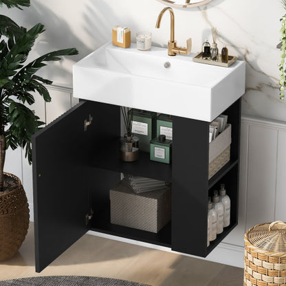 21.6inch Modern Floating Bathroom Vanity with Ceramic Basin Wave Pattern Door Side Storage Black
