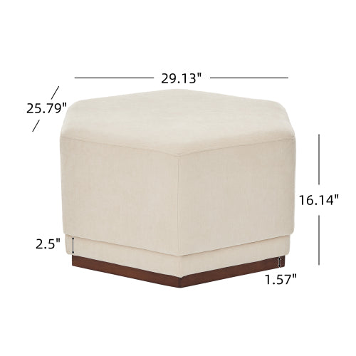 Modern Hexagon Chenille Ottoman, Beige Upholstered Footrest with Solid Wood Base, Fully Assembled Accent Stool