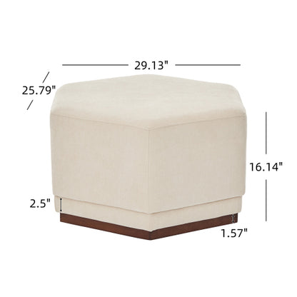 Modern Hexagon Chenille Ottoman, Beige Upholstered Footrest with Solid Wood Base, Fully Assembled Accent Stool