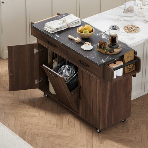 Walnut Brown Rolling Kitchen Island Cart With Trash Can Storage