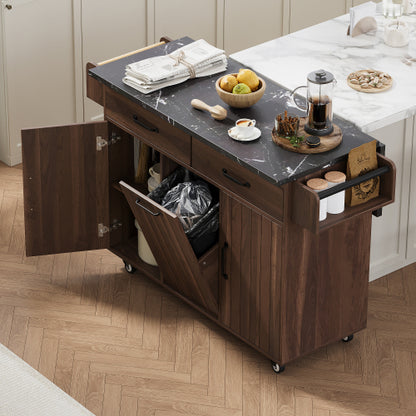 Walnut Brown Rolling Kitchen Island Cart With Trash Can Storage