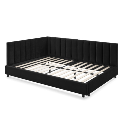 Full Size Upholstered Tufted Bed Frame, Sofa Bed Frame with Comfortable Backrest and Armrests, Full Size Bed for Bedroom, Living Room,Velvet-Black(81inch *60inch *29.5inch )