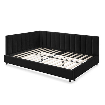 Full Size Upholstered Tufted Bed Frame, Sofa Bed Frame with Comfortable Backrest and Armrests, Full Size Bed for Bedroom, Living Room,Velvet-Black(81inch *60inch *29.5inch )