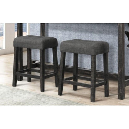 3-Piece Charcoal Black Counter Height Dining Set, Solid Wood Table with Outlet & 2 Tufted Linen Stools