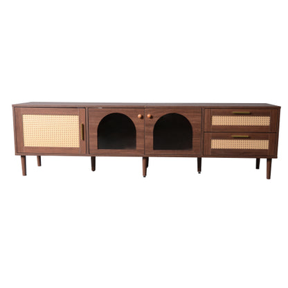 70.8 inch Dark Brown App Control LED Rattan TV Stand Glass Storage For 80 Inch TV