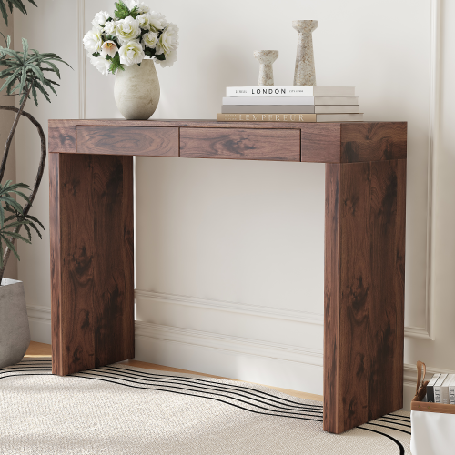 Elegant natural walnut wood grain bar table -50 inches long, a practical choice for modern home decor. Walnut wood grain texture veneer, equipped with double drawers, can be used as both a bar counter