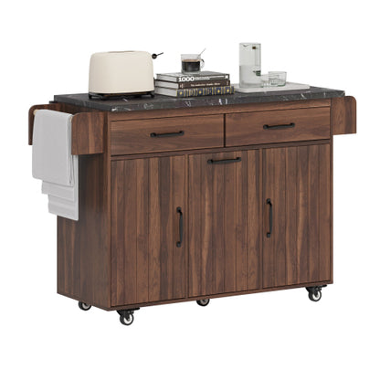 Walnut Brown Rolling Kitchen Island Cart With Trash Can Storage