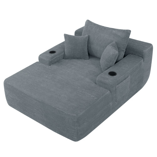 Grey Convertible Corduroy Boneless Chaise Lounge Sleeper Sofa-Bed with Cup-Holder Wide Armrest & Throw Pillows No-Assembly