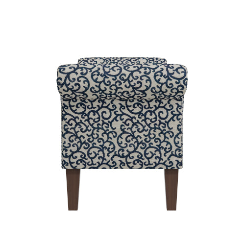 Traditional Rolled Arm Storage Bench Ottoman with Pewter Nailhead Trim in Black Curly Vine Pattern with Dark Brown Solid Wood Legs