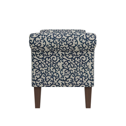 Traditional Rolled Arm Storage Bench Ottoman with Pewter Nailhead Trim in Black Curly Vine Pattern with Dark Brown Solid Wood Legs