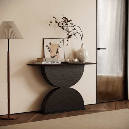 47 inchDouble Semi-Circles 3d Hammer-Shaped Texture Base Wood Console Table With Led Light Entryway Table Modern Console Table,Sofa Console Tables For Living Room