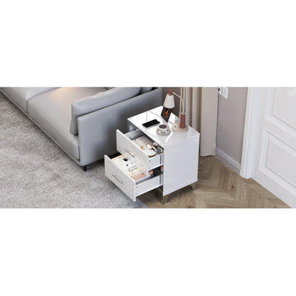 High Gloss Mirrored Nightstand with 2 Drawers,Modern End Table with Drawers,Mirrored High Gloss Wood Nightstand Metal Handle Bedside End Table for Bedroom, Dorm,Living Room,White