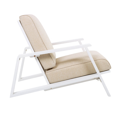 Patio Lounge Chair, Outdoor Club Chair with Beige Cushion and White Acacia Wood Frame