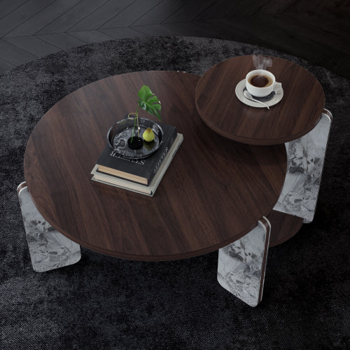 2-Piece Nesting Coffee Table Set, Walnut Veneer MDF Top with Sintered Stone Legs & Base