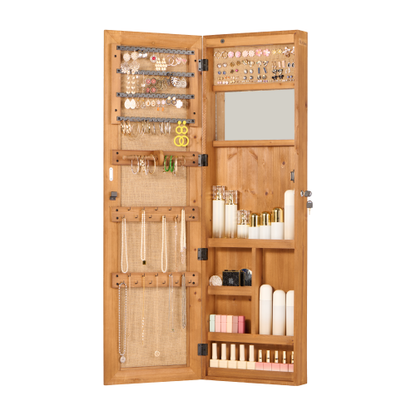 Solid Wood Jewelry Armoire Organizer Cabinet with Full-Length Mirror, 47.5x14.3 in Wall-Mounted Lockable with LED Light