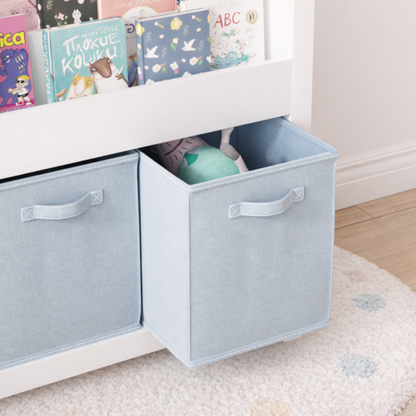 Kids Bookshelf with 3-Tier Front Storage and Fabric Toy Bins