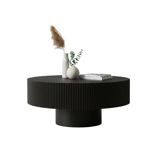 Black Fluted Round Pedestal Coffee Table, Mid Century Modern