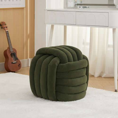 Green Chenille Knot Design Ottoman, Wooden Frame Foot Stool 19.29 inch, 250 LBS Fully Assembled