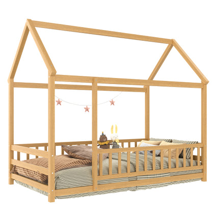 Twin Size Floor Wooden Bed with House Roof Frame, Fence Guardrails,Natural