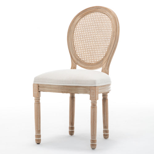 Rattan Back Wood Dining Chairs with Linen Seats, Set of 2, Beige