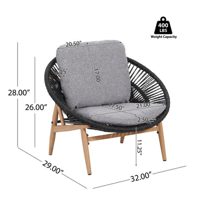 Cyril Outdoor Wicker Papasan Style Lounge Chair, Dark Grey Wicker with Grey Cushion