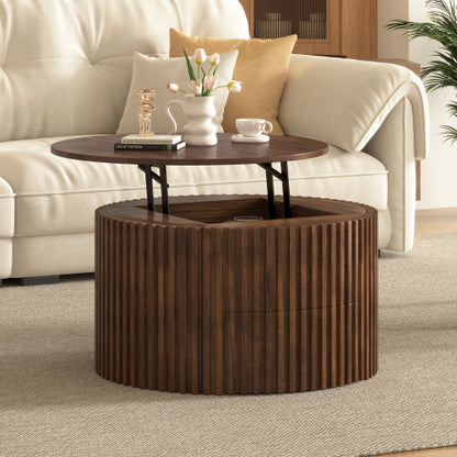 Round Lift Top Fluted Coffee Table, Solid Wood & MDF Accent Table with Hidden Storage Drawer