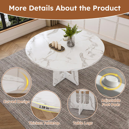 47.24 Inch Marble White MDF Round Dining Table, 300LB Capacity Farmhouse Kitchen Table for 4-6 People