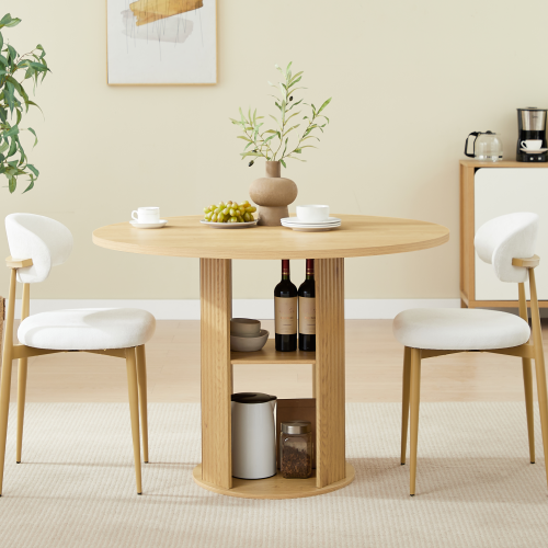 3-Piece Natural Wood Grain Dining Set, 47.2inch  Round Table with Double Shelves & 2 Velvet Chairs