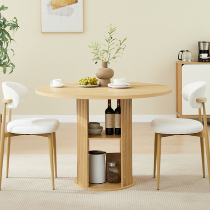 3-Piece Natural Wood Grain Dining Set, 47.2inch  Round Table with Double Shelves & 2 Velvet Chairs