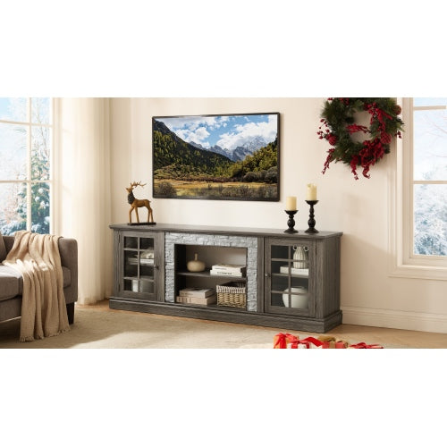 70 Inch Grey Faux Stone TV Stand 2-Door Media Console 6 Cable Holes Adjustable Shelves for TVs Up To 75 Inch