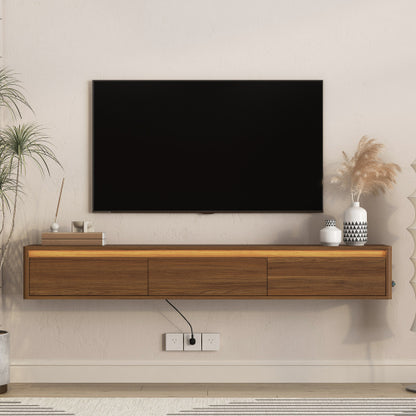 Wall Mount Floating High Gloss TV Cabinet with LED Lights & Power Outlet for Living Room