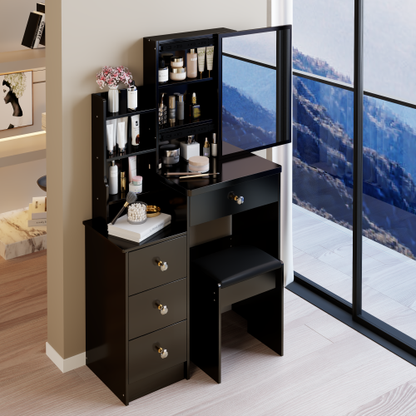 White 29.2 inch  Small Space Left Bedside Cabinet Vanity Table + Cushioned Stool, Extra Large Right Sliding Mirror