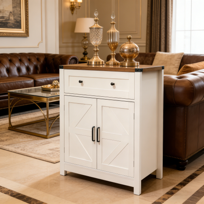 White & Wood-Grain Top Farmhouse Barn-Door Storage Cabinet, Coffee Bar Buffet Sideboard with Drawer for Kitchen & Living Room