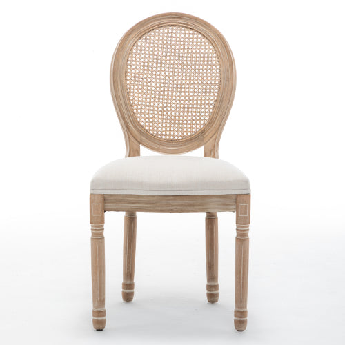 Rattan Back Wood Dining Chairs with Linen Seats, Set of 2, Beige
